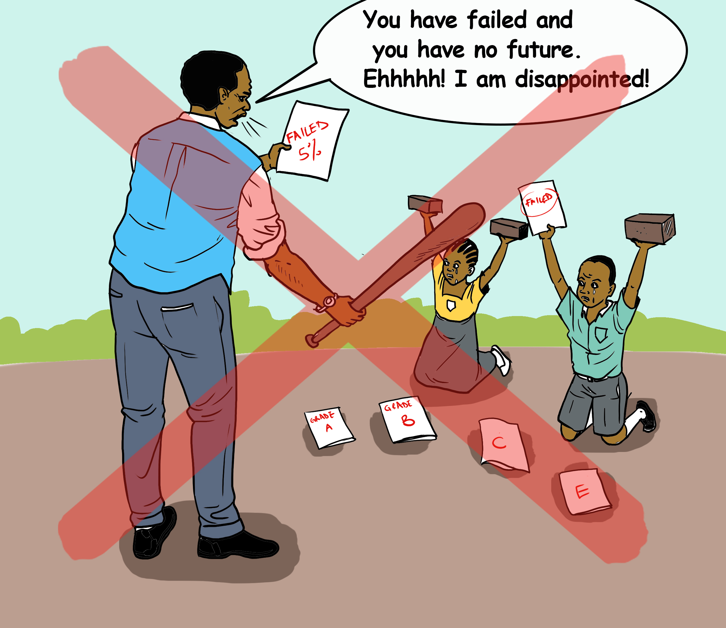 A warning image against fighting or violence over student grades